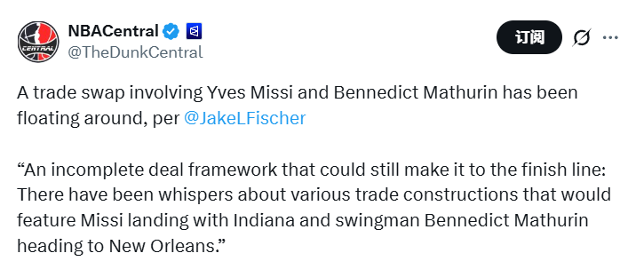 开云体育官网-步行者鹈鹕谈判交易！核心框架马瑟林换米西 另有两队也想抢中锋